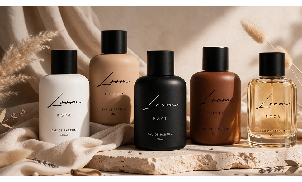 The five LOOM fragrances on linen in warm light