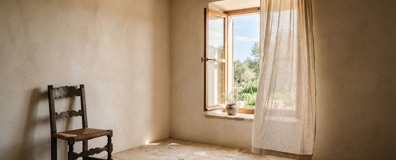 A quiet plastered room with an open window and linen curtain