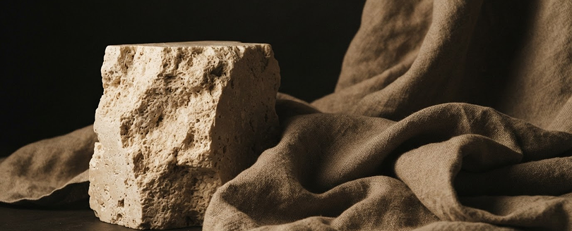 A block of travertine beside folded linen