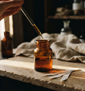 A pipette dropping perfume oil into an amber jar